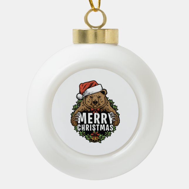 Merry Christmas Grizzly Bear Ceramic Ball Christmas Ornament (Front)