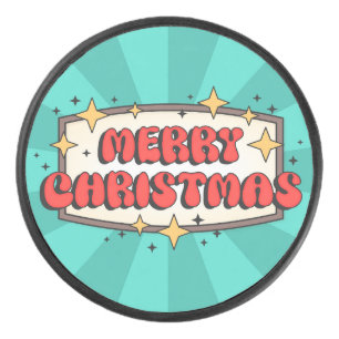 Merry Christmas groovy retro text Hockey Puck