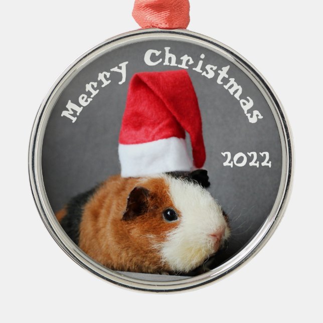 Merry Christmas Guinea Pig in a Santa Hat Metal Ornament (Front)