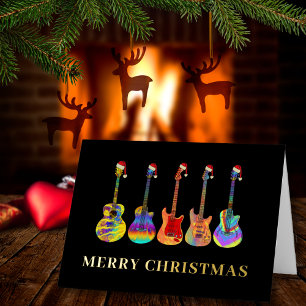 Merry Christmas Guitars Wearing Santa Hats Gold Foil Holiday Card