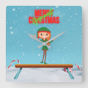 Merry Christmas Gymnast Elf Square Wall Clock