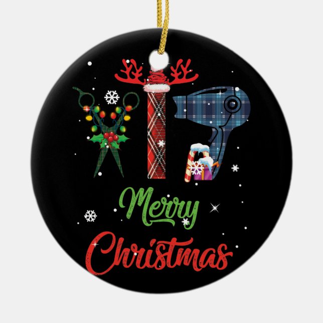 Merry Christmas Hairstylist Funny Tool Hairdresser Ceramic Ornament (Front)