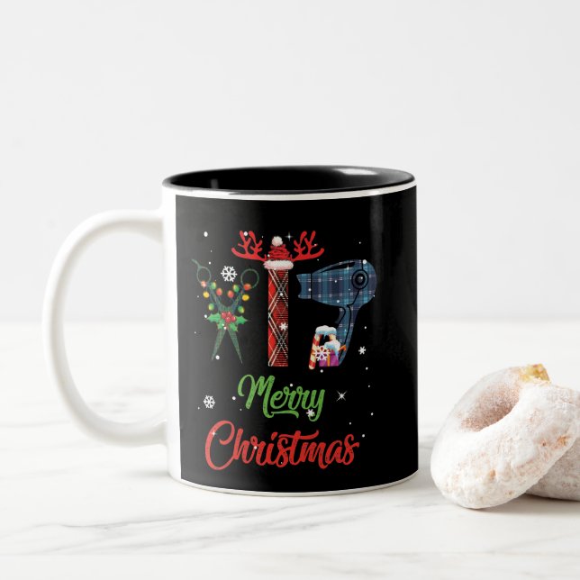 Merry Christmas Hairstylist Funny Tool Hairdresser Two-Tone Coffee Mug (With Donut)