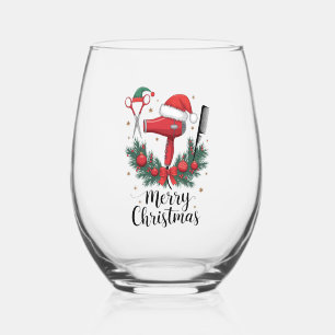Merry Christmas Hairstylist Hairdresser Xmas Hair  Stemless Wine Glass
