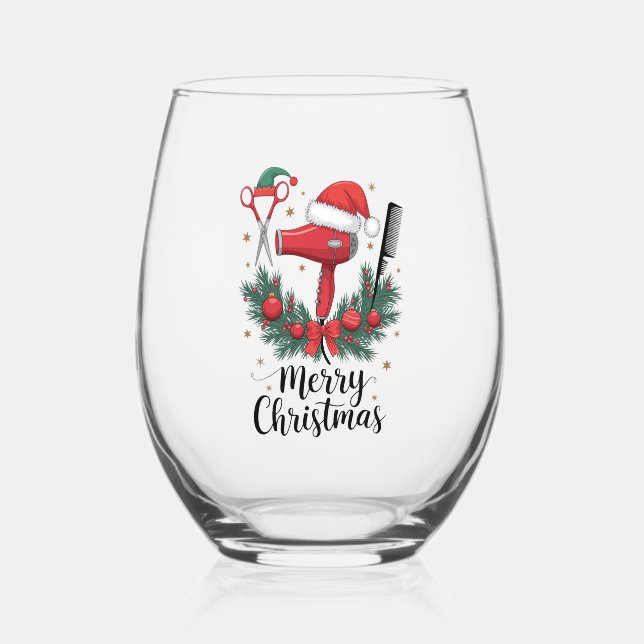 Merry Christmas Hairstylist Hairdresser Xmas Hair  Stemless Wine Glass (Back)