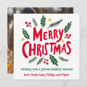 MERRY CHRISTMAS Hand-Drawn CUSTOM PHOTO Holiday Card