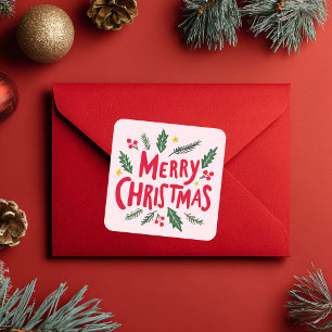 MERRY CHRISTMAS Hand-Drawn Holiday Whimsical Cute Square Sticker