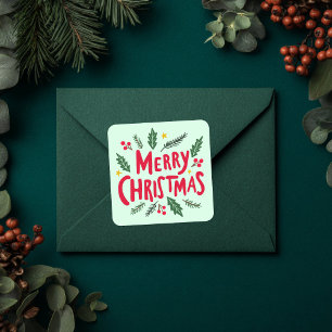 MERRY CHRISTMAS Hand-Drawn Holiday Whimsical Cute Square Sticker