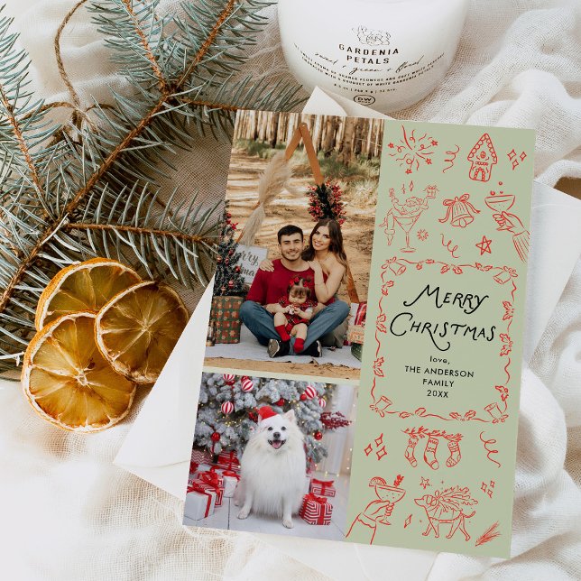Merry Christmas Hand Drawn Icons Red Green 2 Photo Holiday Card (Creator Uploaded)
