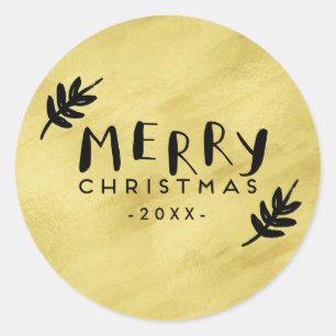 Merry Christmas Hand Lettered Paint Brushed Gold Classic Round Sticker