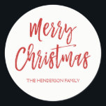 Merry Christmas Hand Lettered Script Christmas Classic Round Sticker<br><div class="desc">Merry Christmas custom Hand Lettered Script Sticker. The  text of this hand lettered brush script can be updated and customised with your family name.</div>