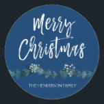 Merry Christmas Hand Lettered Script Christmas Classic Round Sticker<br><div class="desc">Merry Christmas custom Hand Lettered Navy Blue Script Sticker with watercolor garland. The family name text of this sticker can be updated and customised with your family name.</div>