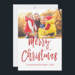 Merry Christmas Hand Lettered Script Photo Card<br><div class="desc">Merry Christmas Hand Lettered Script Photo Card. The photo and text of this hand lettered brush script can be updated and customised with your photo and family name. This card also displays the family name and a gold foil wreath on the back of the Christmas Card.</div>