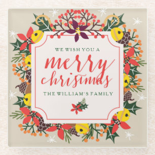 Merry Christmas Hand Lettered Text & Wreath Glass Coaster