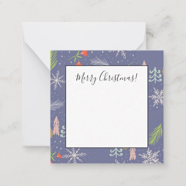 Merry Christmas Handdrawn Trees Snowflakes Flowers Card (Front)