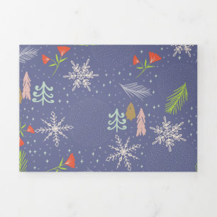 Merry Christmas Handdrawn Trees Snowflakes Flowers Tri-Fold Holiday Card