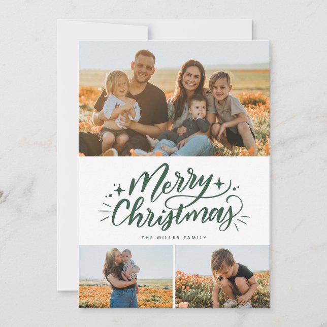Merry Christmas Handlettered 3 Photo Collage Holiday Card (Front)