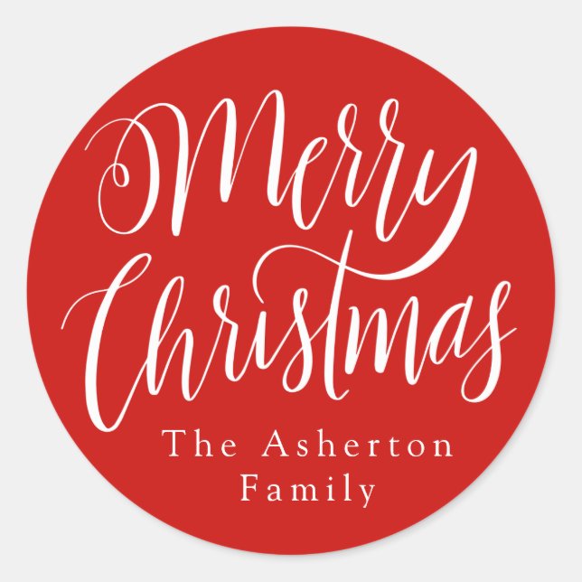 Merry Christmas handlettered personalised red gift Classic Round Sticker (Front)