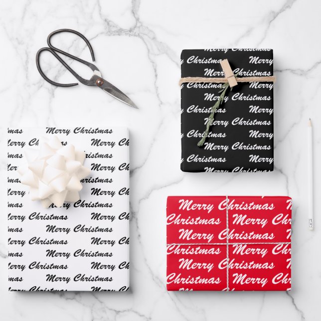 Merry Christmas Handwriting White Black Red  Wrapping Paper Sheet (Front)