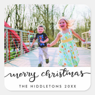 Merry Christmas Handwritten Modern Script Photo Square Sticker