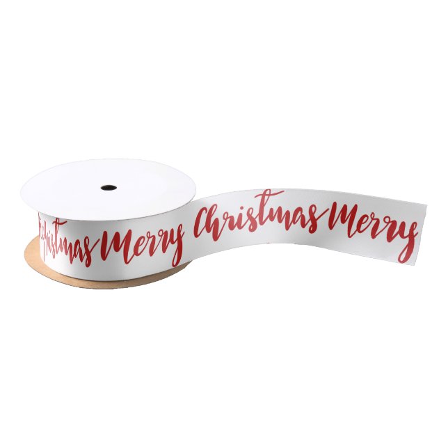 Merry Christmas Handwritten Red Script Holiday Satin Ribbon (Spool)
