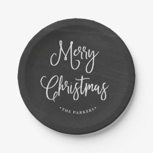 Merry Christmas Handwritten Script on Chalkboard Paper Plate
