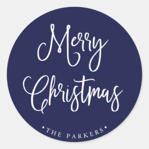 Merry Christmas   Handwritten Script on Navy Blue Classic Round Sticker
