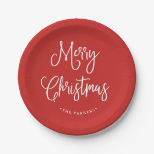 Merry Christmas Handwritten Script on Red Paper Plate