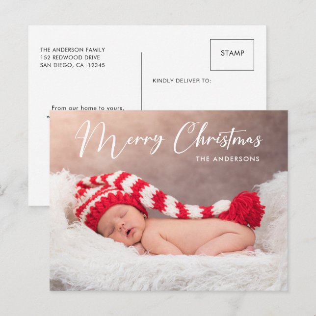Merry Christmas Handwritten Script Photo Holiday Postcard (Front/Back)