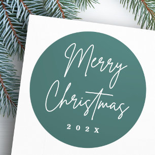 Merry Christmas handwritten script pine green Classic Round Sticker
