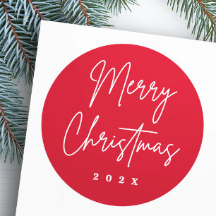Merry Christmas handwritten script red Classic Round Sticker