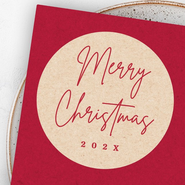 Merry Christmas handwritten script red Kraft look Classic Round Sticker (Merry Christmas handwritten script red Kraft look Classic Round Sticker)