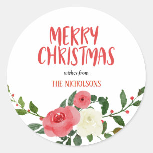 Merry Christmas Handwritten Script Red Roses Classic Round Sticker