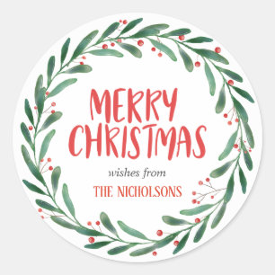 Merry Christmas Handwritten Script   Wreath Classic Round Sticker