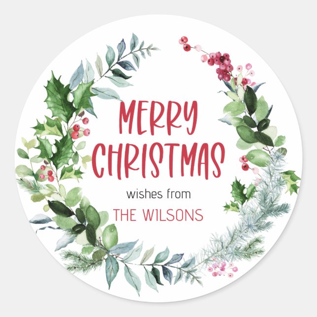 Merry Christmas Handwritten Script Wreath Foliage Classic Round Sticker (Front)