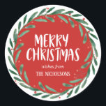 Merry Christmas Handwritten Script | Wreath | Red Classic Round Sticker<br><div class="desc">Merry Christmas Handwritten Script | Wreath</div>