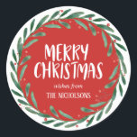 Merry Christmas Handwritten Script | Wreath | Red Classic Round Sticker<br><div class="desc">Merry Christmas Handwritten Script | Wreath</div>