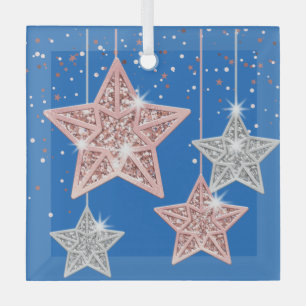 Merry Christmas Hanging Stars Blue Background  Glass Tree Decoration