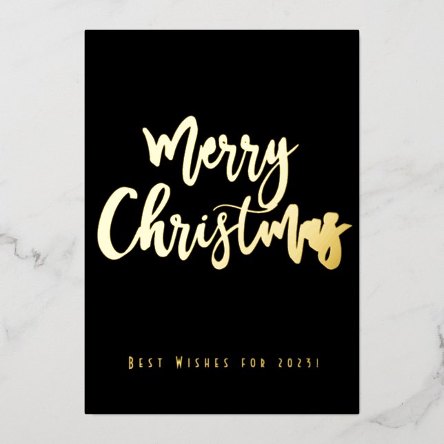 Merry Christmas Happy 2023 Elegant Black and Gold Foil Holiday Card (Front)