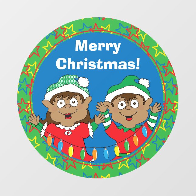 Merry Christmas Happy Elves Round Window Cling (Sheet)