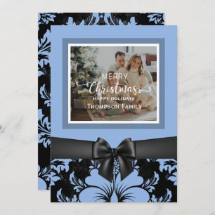 Merry Christmas happy holidays, black bow, blue Invitation