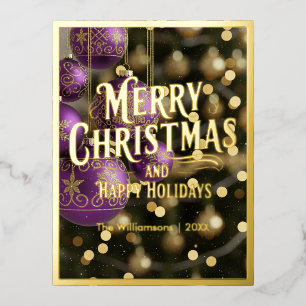 Merry Christmas, Happy Holidays, Purple Ornaments Foil Holiday Postcard