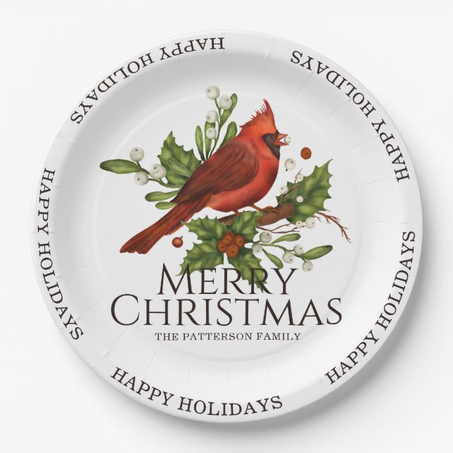 Merry Christmas Happy Holidays Red Cardinal Holly Paper Plate (Front)