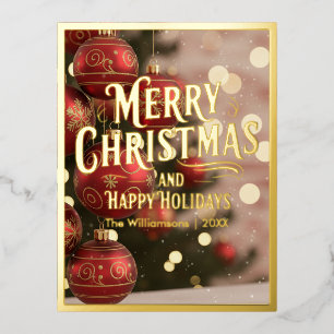 Merry Christmas, Happy Holidays, Red Ornaments Foil Holiday Postcard
