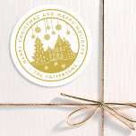 Merry Christmas Happy Holidays Winter Personalised Classic Round Sticker<br><div class="desc">Merry Christmas Happy Holidays Winter Personalised Name Stickers Labels features the text "Merry Christmas and Happy Holidays" in modern gold script and personalised with your name surrounding a home with Christmas trees and snowflakes. Perfect for Christmas party favours and Holiday gifts or in the office for products or mail. Designed...</div>