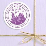 Merry Christmas Happy Holidays Winter Personalised Classic Round Sticker<br><div class="desc">Merry Christmas Happy Holidays Winter Personalised Name Stickers Labels features the text "Merry Christmas and Happy Holidays" in modern purple script and personalised with your name surrounding a home with Christmas trees and snowflakes. Perfect for Christmas party favours and Holiday gifts or in the office for products or mail. Designed...</div>