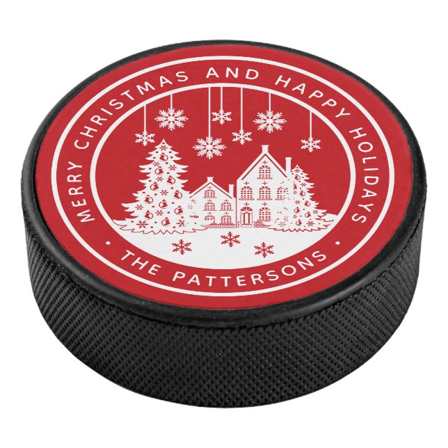 Merry Christmas Happy Holidays Winter Personalised Hockey Puck (3/4)