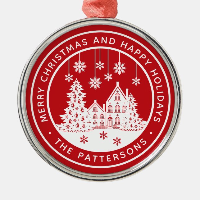 Merry Christmas Happy Holidays Winter Personalised Metal Ornament (Front)