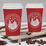 Merry Christmas Happy Holidays Winter Personalised Paper Cups<br><div class="desc">Merry Christmas Happy Holidays Winter Personalised Name Coffee Tea Paper Cups features the text "Merry Christmas and Happy Holidays" in modern white script on a red background and personalised with your name surrounding a home with Christmas trees and snowflakes. Perfect for Christmas parties. Designed by ©Evco Studio www.zazzle.com/store/evcostudio</div>