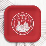 Merry Christmas Happy Holidays Winter Personalised Paper Plate<br><div class="desc">Merry Christmas Happy Holidays Winter Personalised Name Paper Party Plates features the text "Merry Christmas and Happy Holidays" in modern white script on a red background and personalised with your name surrounding a home with Christmas trees and snowflakes. Perfect for Christmas party favours and Holiday gifts or in the office...</div>